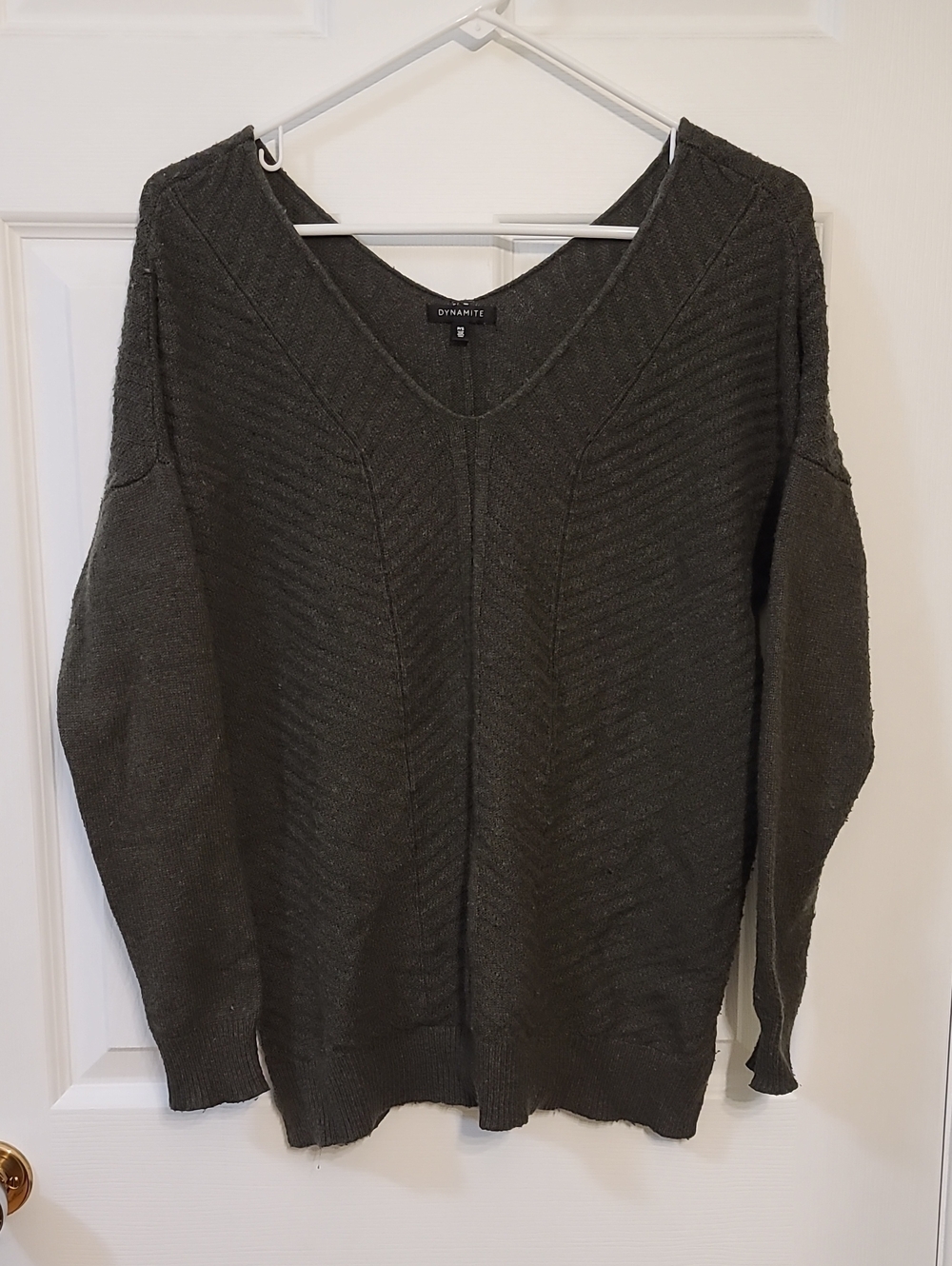 Dynamite Forest Green V-Neck Chevron Knit Sweater Viscose Angora Earthy Cozy